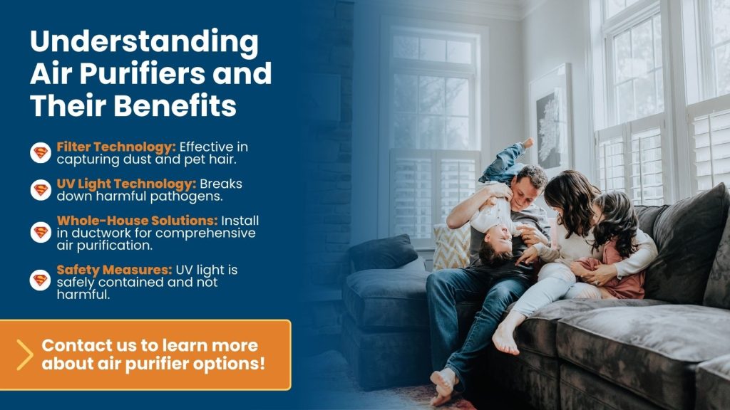 This is an image of a family enjoying their comfortable home. The headline reads; Understanding air purifiers and their benefits.